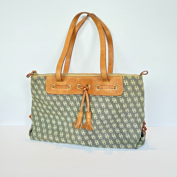 Dooney & Bourke DB Monogram￼Canvas Tote Bag Brown Leather Trim Zip Top - Picture 1 of 8